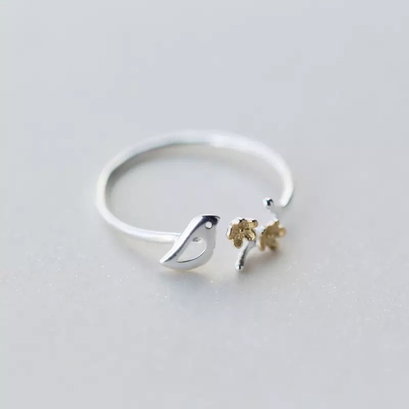 “Morning Bird” Sparrow Blossom Floral Silver Ring - Picture 2 of 6